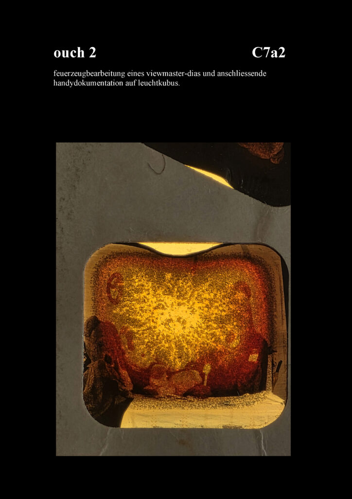 ouch 2
feuerzeugbearbeitung eines viewmaster-dias und anschliessende handydokumentation auf leuchtkubus.