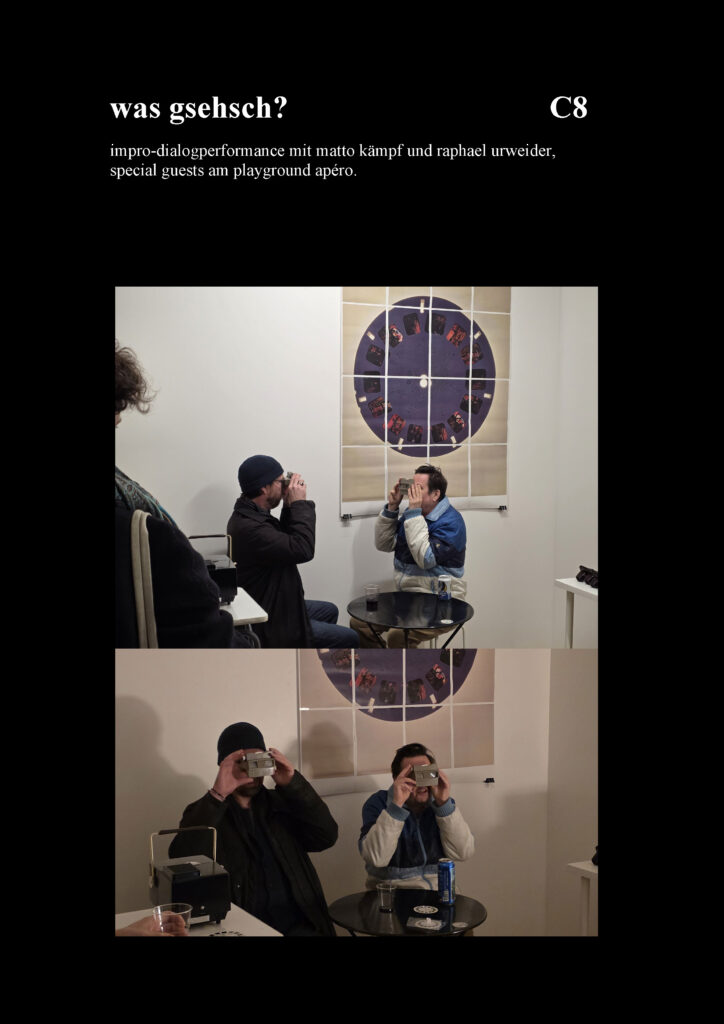 was gsehsch? impro-dialogperformance mit matto kämpf und raphael urweider, special guests am playground apéro.