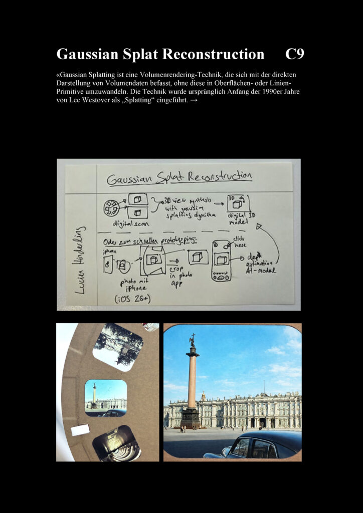 Gaussian Splat Reconstruction (1) «Gaussian Splatting ist eine Volumenrendering-Technik, die sich mit der direkten Darstellung von Volumendaten befasst, ohne diese in Oberflächen- oder Linien-Primitive umzuwandeln. Die Technik wurde ursprünglich Anfang der 1990er Jahre von Lee Westover als „Splatting“ eingeführt. →