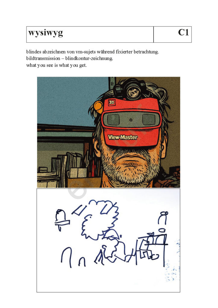 blindes abzeichnen von vm-sujets während fixierter betrachtung. bildtransmission – blindkontur-zeichnung. what you see is what you get.