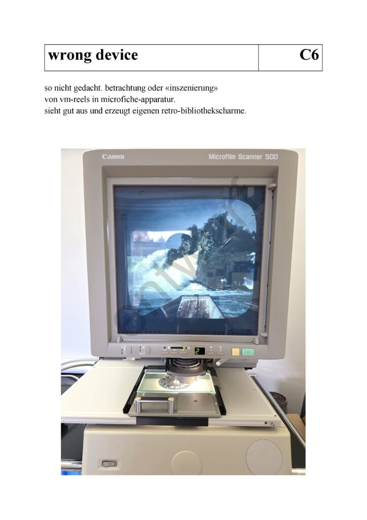 wrong device - so nicht gedacht. betrachtung oder inszenierung von vm-reels in microfiche-apparatur. sieht gut aus und erzeugt eigenen retro-bibliothekscharme.
