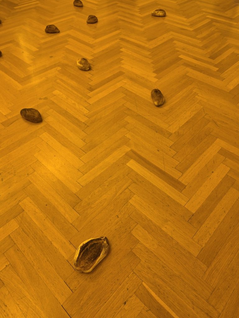 SUNG TIEU: Yeast and Spirits, 2023. Injected loaves of bread with alcohol. Dimensions variable. 
Across the floor are loaves of bread that the artist has injected with various alcohol spirits. France's involvement in the Vietnamese liquor market began in 1862 when taxes on imported alcohol were introduced, shortly followed by costly licensing and facility requirements. By the late 19th century, French entrepreneurs had replaced Chinese producers and held a monopoly on rice wine production and distribution. This resulted in a fourfold increase in prices in 1897, accompanied by the establishment of the Department of Customs and Monopolies to ensure strict control. As the surveillance of the alcohol trade intensified, the smuggling of the newly illegally produced spirits relied on secret distribution, frequently performed empty gas cans, and clandestine wineskins rural factories to urban centers.